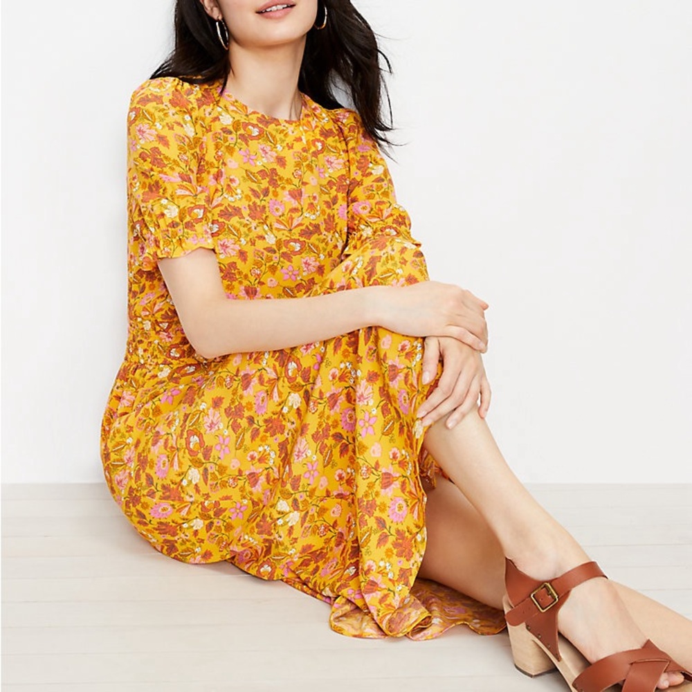 NWT LOFT Garden Tie Back Midi Dress in Mineral Yellow (L)